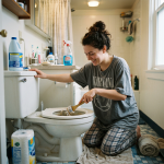 Woman kneeling and cleaning a toilet with a cloth