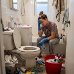 Woman in gloves sitting beside dirty toilet in bathroom holding cleaning bottle